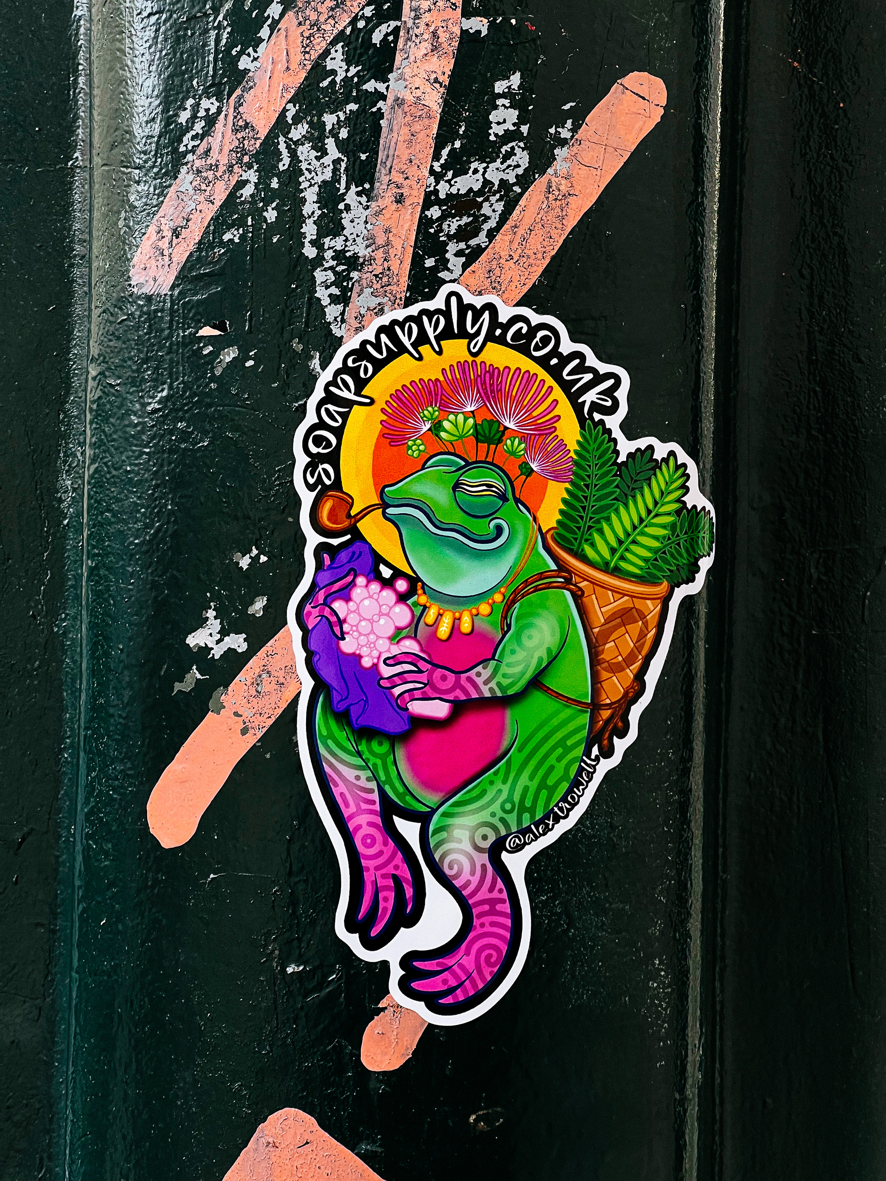 Sticker of a very colorful frog, holding a towel and a bar of soap, with a basket filled with leaves on his back. 
