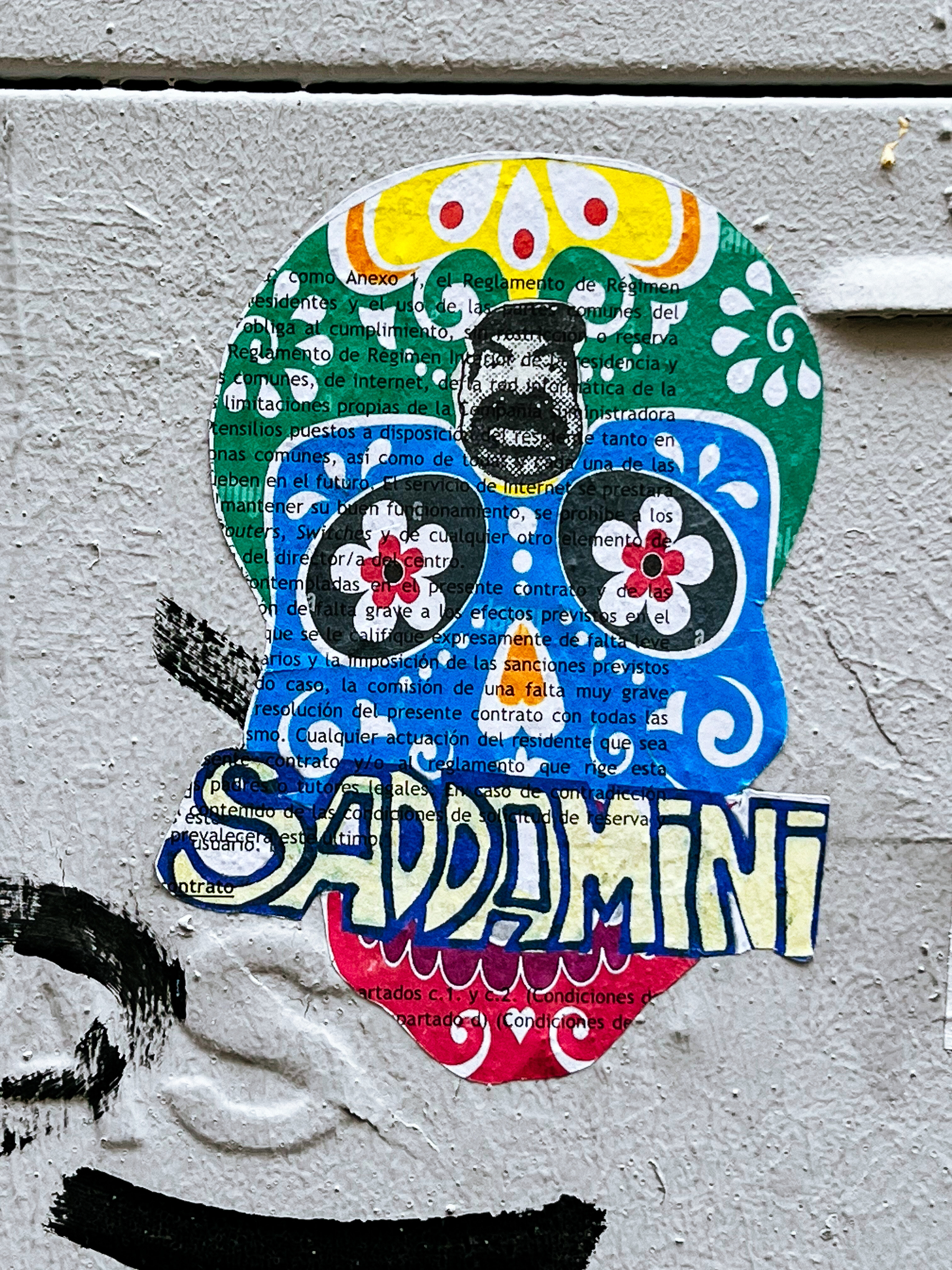 Tiny sticker with Saddam Hussein’s face glued on top of a colorful Mexican skull, with the word “Saddamini” under it. 