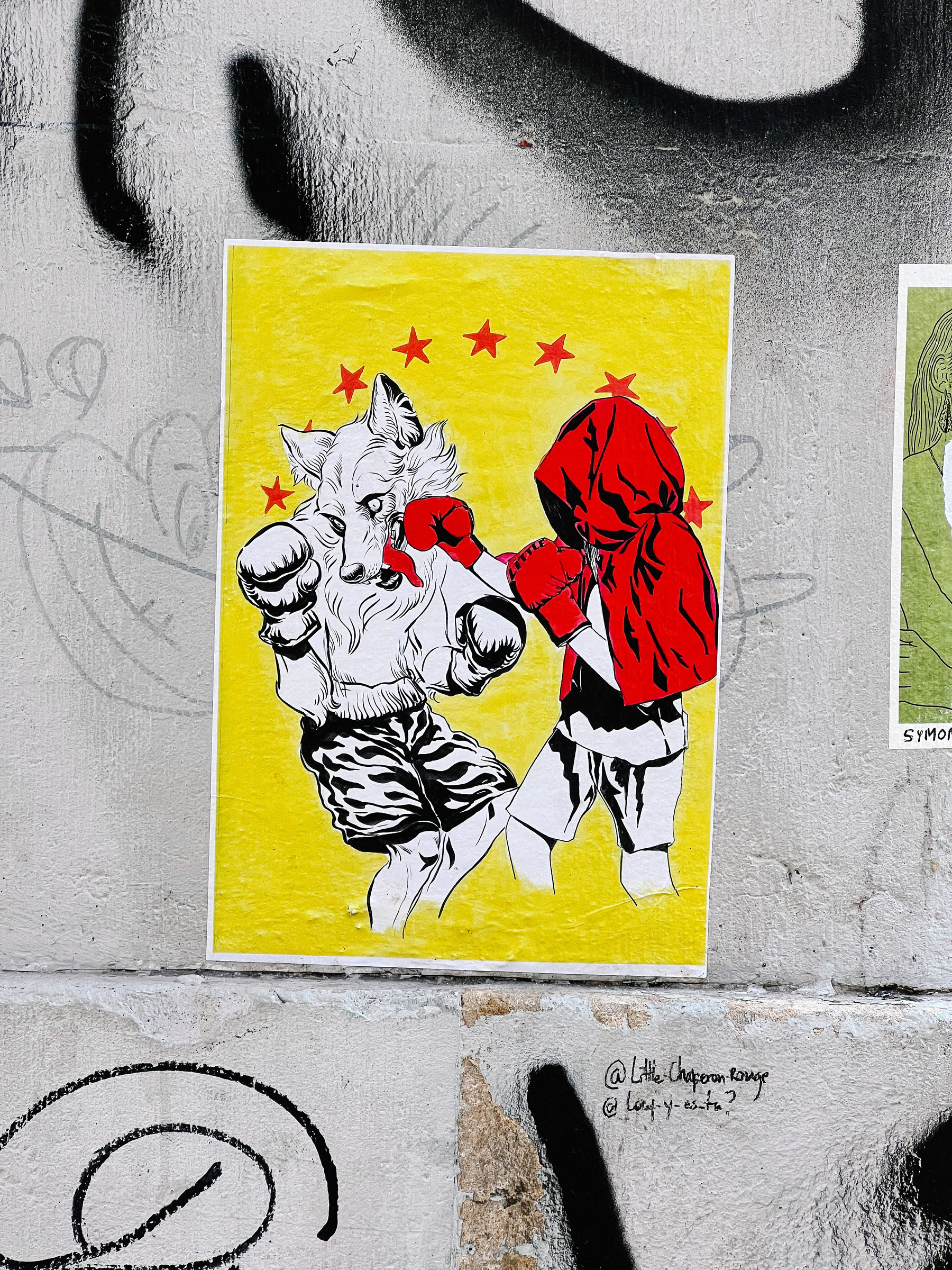Little red riding hood, with red boxing gloves, fighting the wolf. Sticker. 