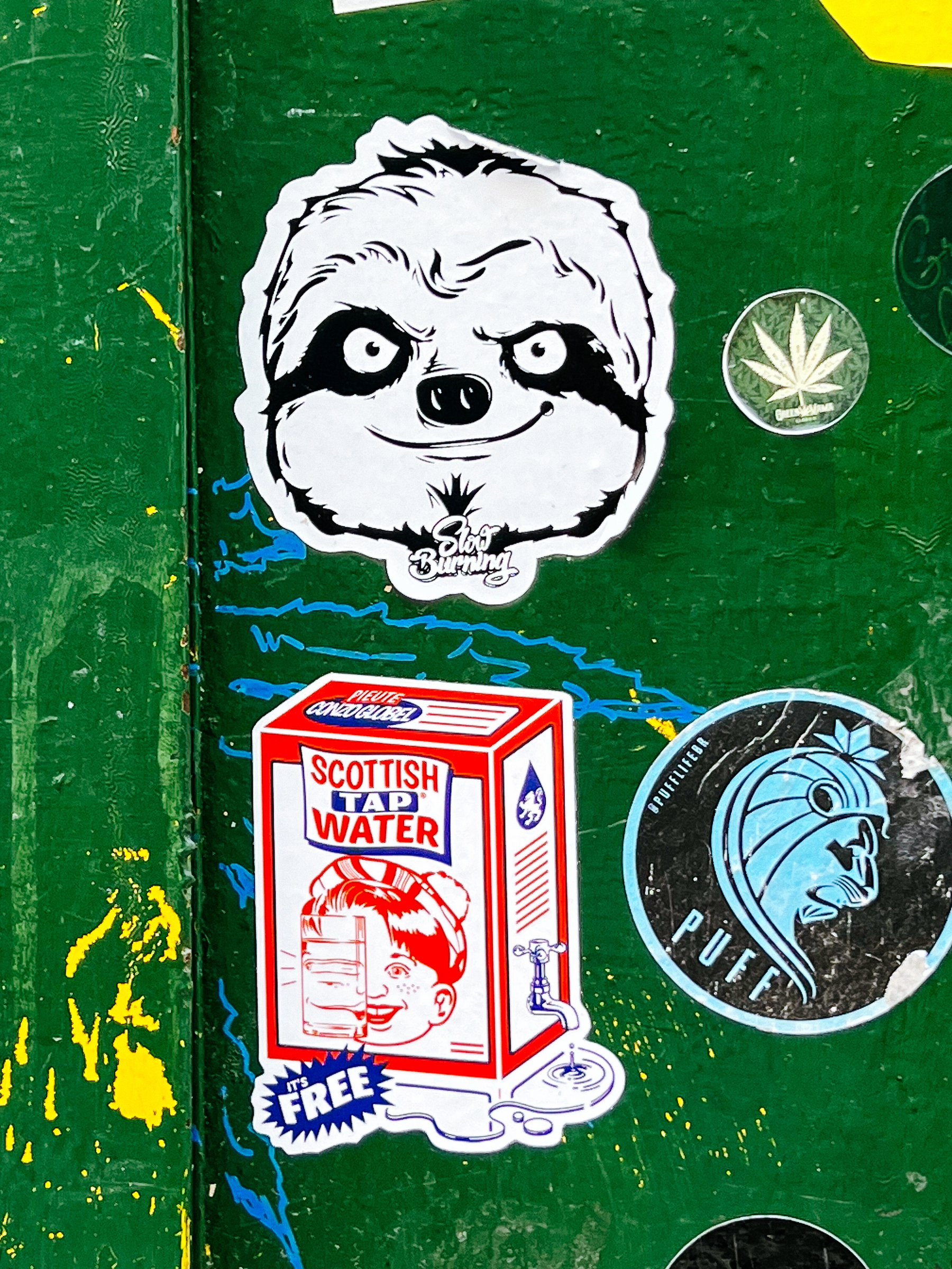 A bunch of stickers. A crazy looking raccoon, a box of Scottish Tap Water, a marijuana leaf. 
