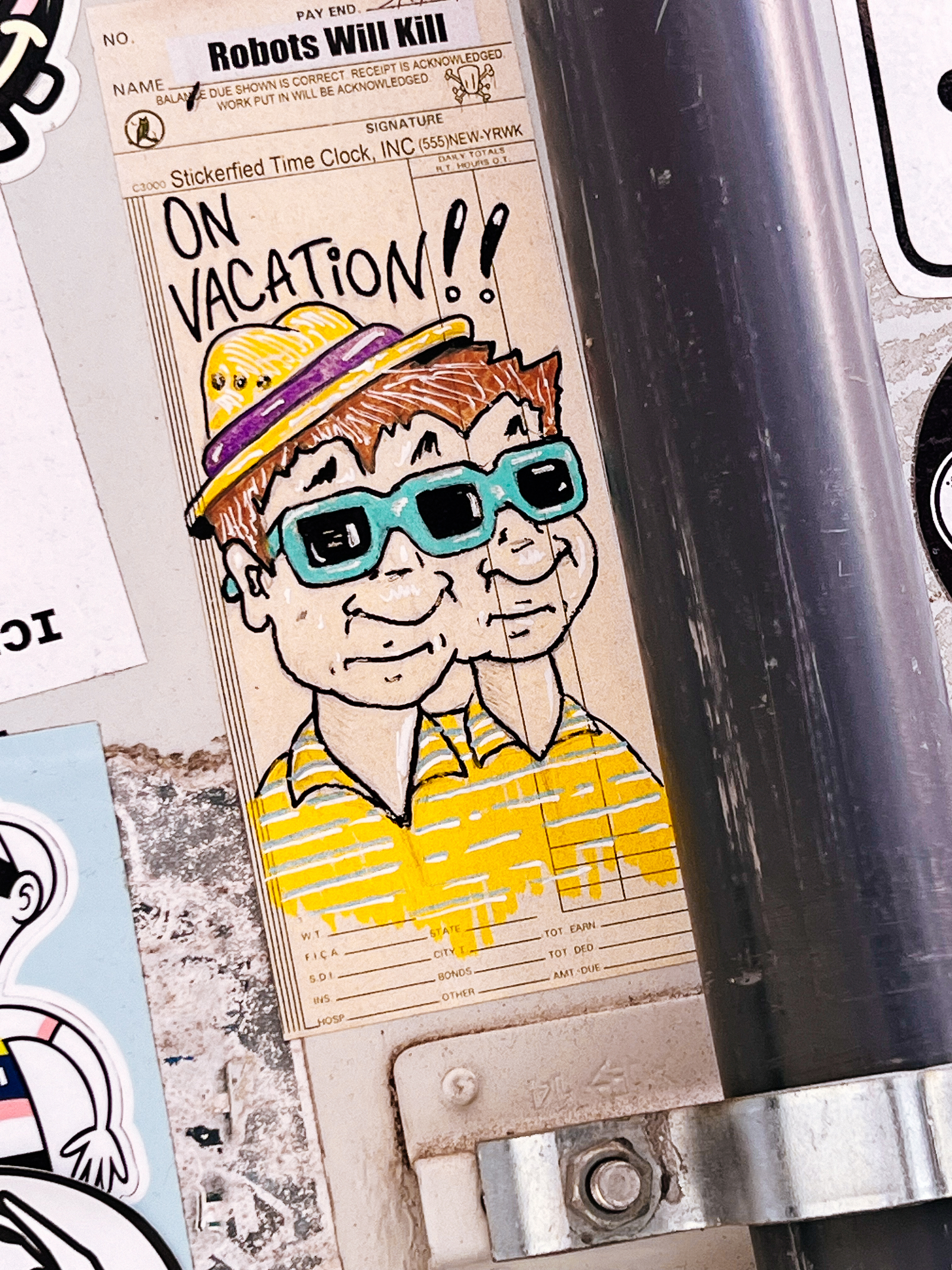 Siamese twins, wearing one hat and a three-eyes pair of glasses, with “On Vacation!!” written above them. 