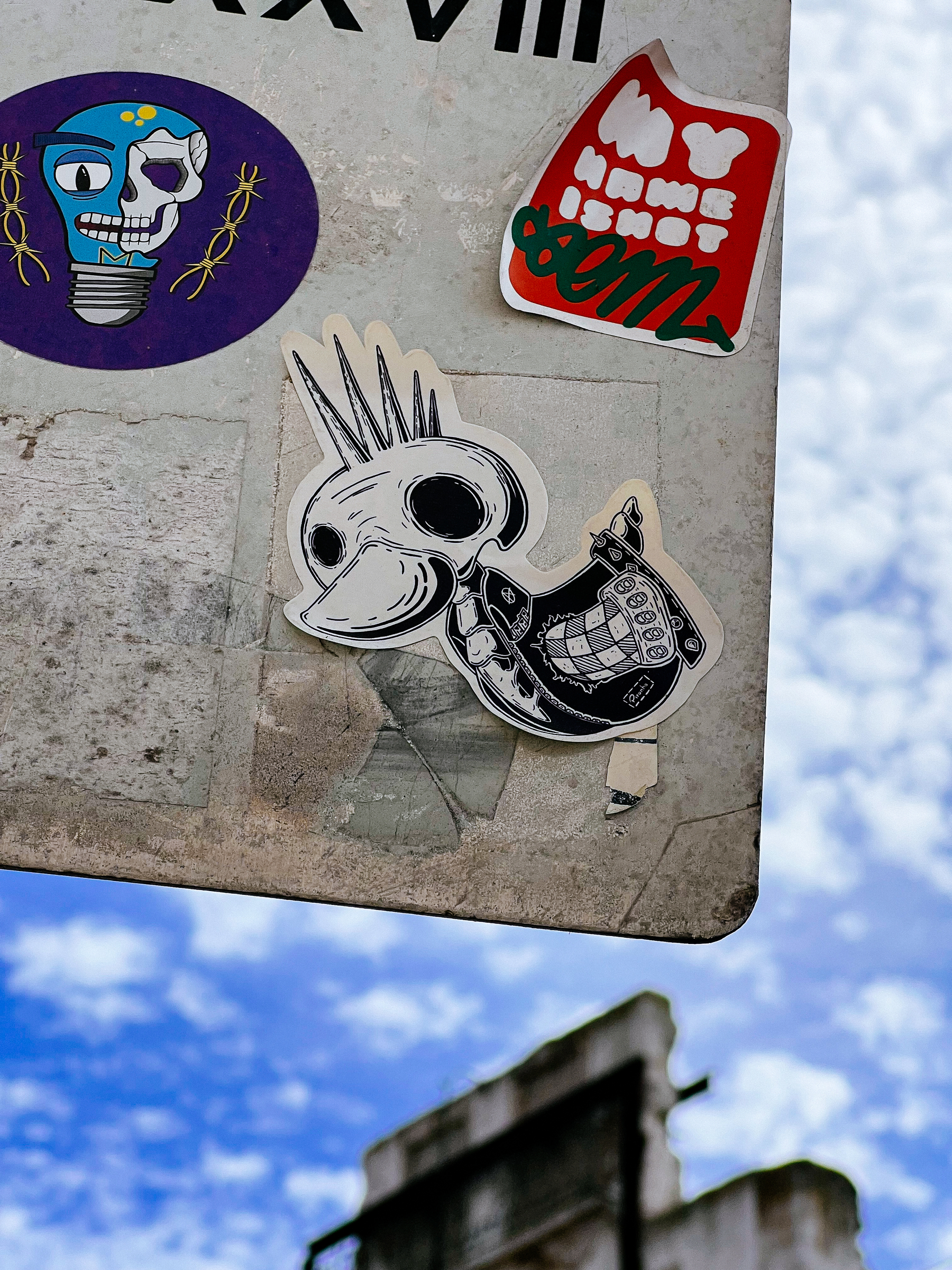 Sticker with a drawing of a punk duck, complete with leather jacket and spiky mohawk. 