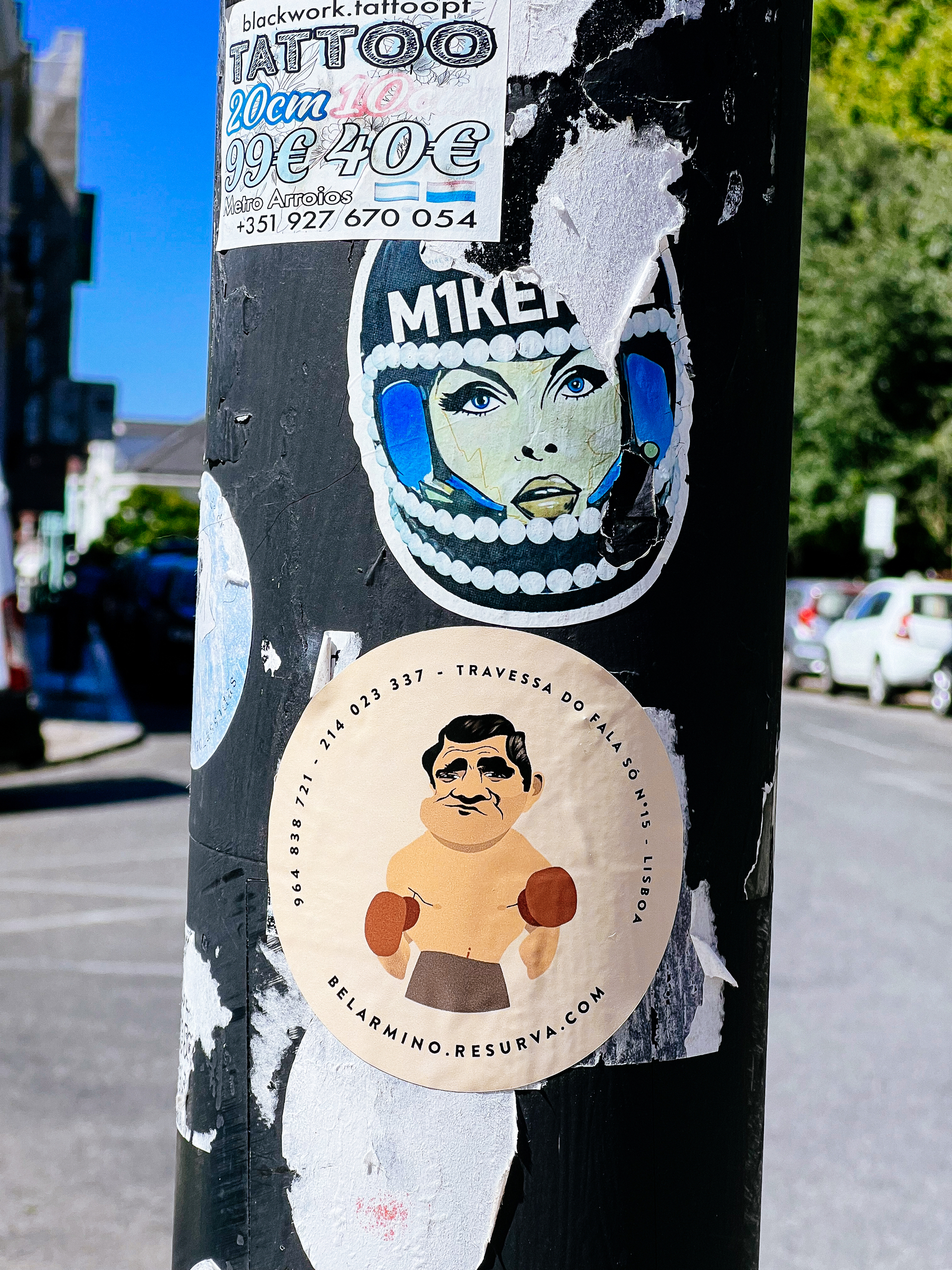 Sticker with Belarmino, a famous Portuguese boxer, now mascot of a barbershop. It’s an ad for a very nice barbershop in town. It’s the one I go to. It’s also product placement in sticker spotter. Hahahaha. 